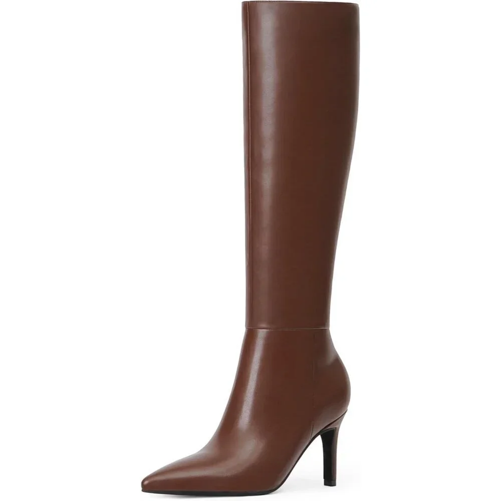 🆕Women Brown Faux Leather Pointed Toe Tall Stiletto Heel Zipper Dress Boots